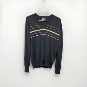 J Lindeberg Striped Sweater Men Large V-neck Pullover Merino Wool gray